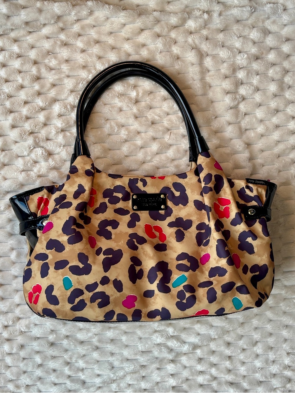 Kate Spade NY Stevie Pop Art Leopard Nylon Tote Black Patent Gold Hardware